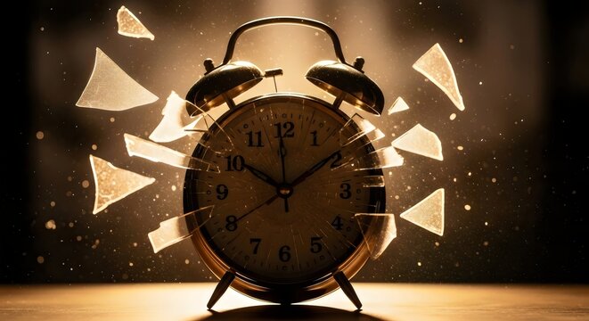 Abstract composition of shattered analog clock exploding into suspended glass fragments illuminated by rim lighting