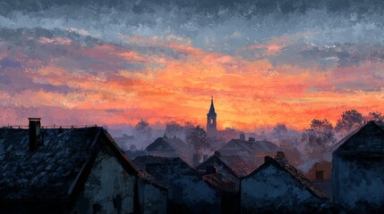 Fototapeta premium Serene Village Rooftops Under a Dramatic Sunset with Hues of Orange and Blue