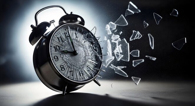 Broken alarm clock exploding into suspended glass fragments glowing in rim lighting against black background