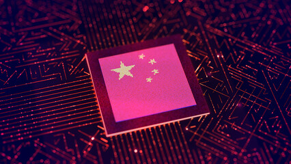 Chinese AI, close-up of a semiconductor chip on a circuit board, featuring the Chinese flag on the processor surface with glowing red and gold light effects. Motherboard of China. 3D rendering.