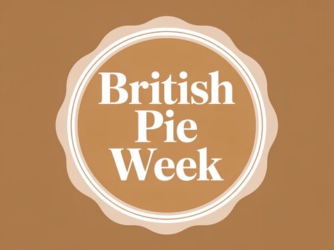 British pie week logo on brown background with white text and beige border
