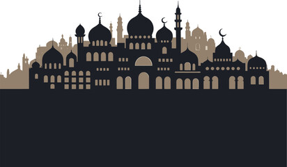 Silhouette of an iconic mosque with distinct domes and minarets against a dark sky © Masud Crafts