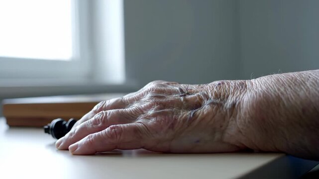 Close-up of an elderly person's hand resting on a table with natural window light. Wrinkled skin with veins and age spots showing signs of aging and frailty. Senior health and care concept