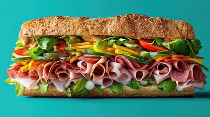 Freshly Made Sub Sandwich with Layers of Deli Meats, Colorful Vegetables, and Crisp Greens on a Vibrant Background