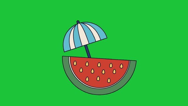 Watermelon slice with umbrella animation on green background summer fruit icon refreshing holiday concept loop motion
