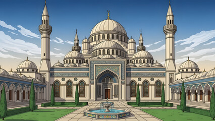 Obraz premium Fantasy mosque with golden domes and minarets architecture