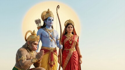 Fototapeta premium Ram Sita Hanuman Sky Aura. Bright Divine Festival Background.