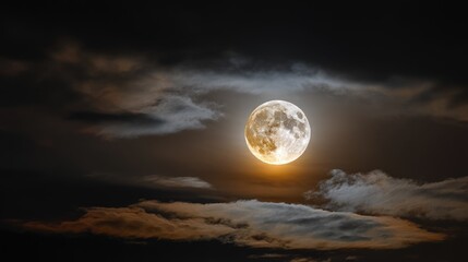 Obraz premium Bright full moon shines through clouds in dark night sky with intense details captured from Nikon D850 camera