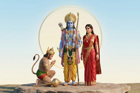 Ram Sita Hanuman Sky Aura. Bright Divine Festival Background.