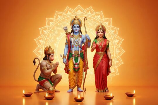 Ram Navami Saffron Festival Glow. Divine Family Devotional Poster.