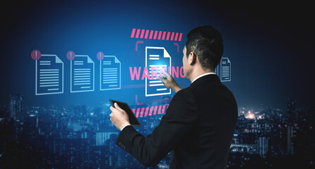 A businessman in a suit interacts with a digital interface, analyzing reports with warning alerts against a vibrant night cityscape, symbolizing modern technology impact on business strategy. Gantry
