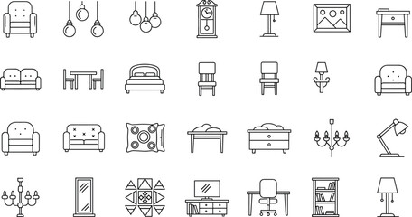 Furniture icon set featuring sofas, beds, tables, chairs, lamps, clocks, mirrors, bookshelves, chandeliers, desks, and various home interior decoration symbols. © fulbabu