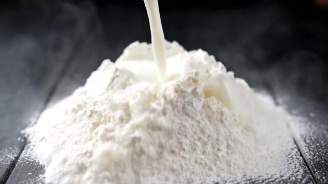 Milk Pouring into Flour for Baking Preparation