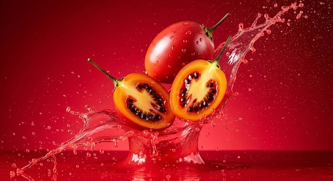 Fresh tamarillo halves splashing in water on a red background.