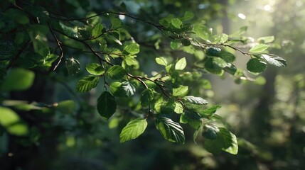 Sunlight Filtering Through Fresh Green Leaves in a Lush Forest Setting, Creating a Tranquil and Serene Nature Scene with Vibrant Colors
