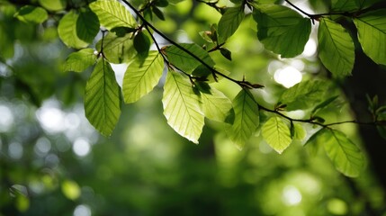 Close-Up of Fresh Green Leaves Against a Soft Blurred Background in a Sunlit Forest, Capturing Nature's Beauty and Tranquility
