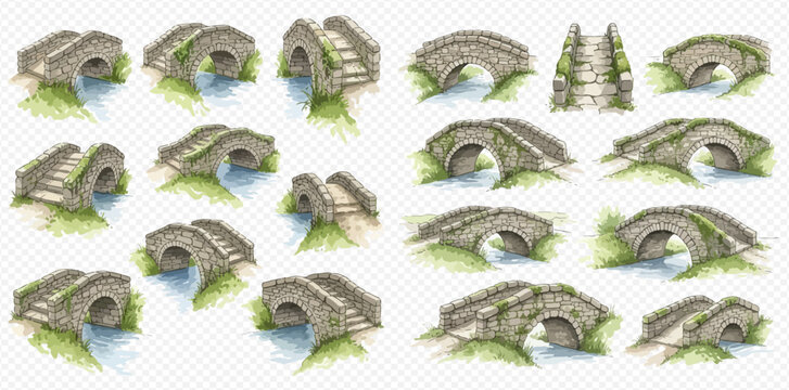 A collection of hand-drawn watercolor illustrations of ancient stone bridges from various angles.