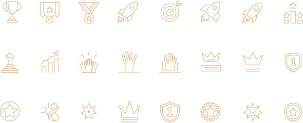Achievement icons set, trophy, medal, rocket, target, podium, graph, crown, star, ribbon, shield, success, recognition, award, excellence
