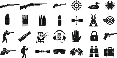 Hunting and shooting sport icon set featuring rifles, shotguns, handguns, ammunition, targets, hunters, binoculars, safety gear, and wildlife game silhouettes. © fulbabu