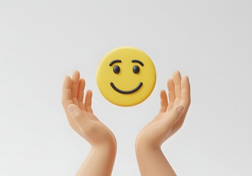Two hands gently holding a floating happy yellow smiley face icon symbol above them