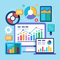 business infographics vector illustration. Data analysis is conducted using digital charts and financial dashboards, visualizing stock market performance metrics to express insights for marketing