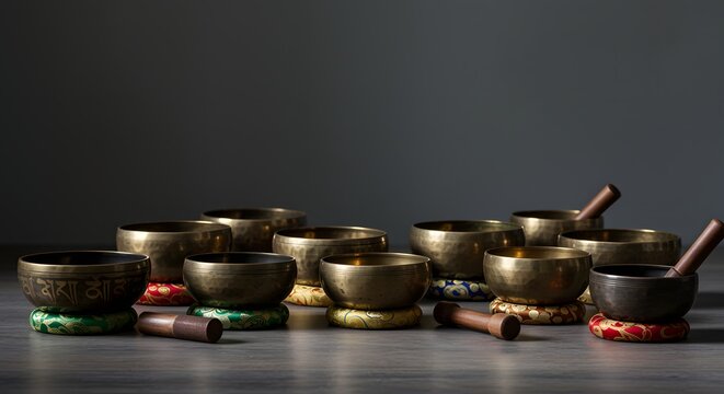 Collection of Various Sized Tibetan Singing Bowls Placed on Cushions