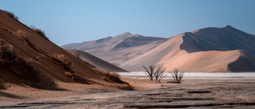 Sossusvlei in Namibia shows dry land with dead trees and high dunes under a clear sky during the day in the African desert landscape
