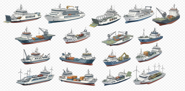 A collection of various maritime transport vessels, including cargo ships, ferries, and boats, illustrated in an isometric view.