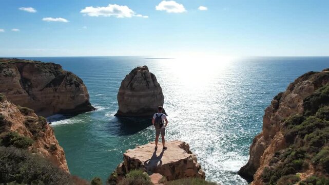 Person Standing on Rocky Cliff Overlooking Ocean at Sunset