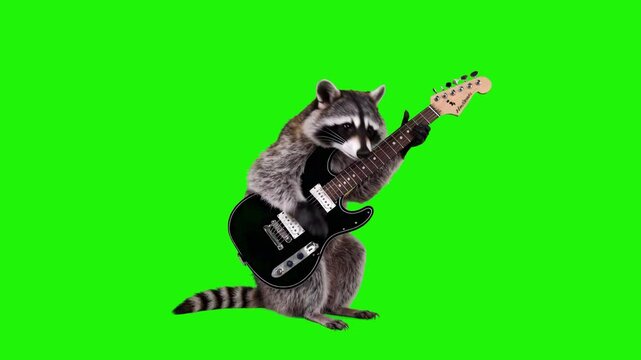 A 3D animated raccoon character performing a solo on a black electric guitar against a green screen. Designed for easy integration into musical or comedic video edits.