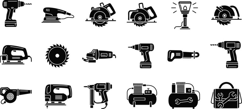 Power tool icon set featuring electric drills, circular saws, sanders, jigsaws, nail guns, air compressors, blowers, grinders, and workshop equipment silhouettes.