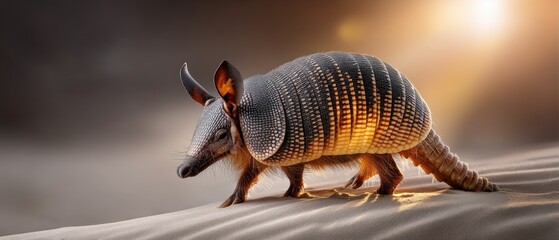 Obraz premium Armadillo walks through the desert landscape during sunset in high-definition photography with warm colors and textured sands surrounding the animal