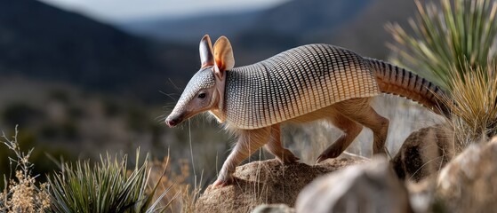 Naklejka premium Armadillo walks across rocky terrain in the desert during daylight in a wide shot of its natural environment