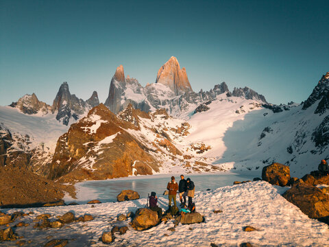 Stunning mountain landscape with hikers in Mount Fitz Roy