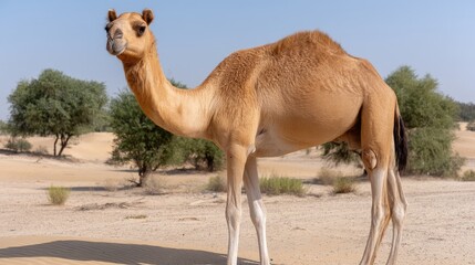 Dried camel skeleton resting in the desert under a clear sky surrounded by sparse vegetation at midday in wide-angle view