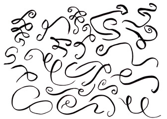 Flourish drawn swash red set. Red flourish calligraphy hand drawn pen brush ink thin stroke line..Vintage doodle swirl scroll underline text decoration texture grunge. Vector illustration.