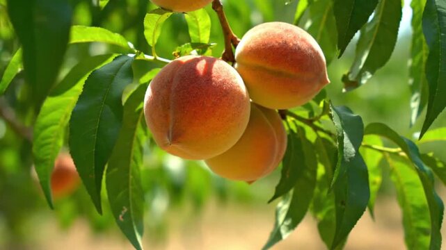 Close-Up of Ripe Peaches Hanging on Tree Branch