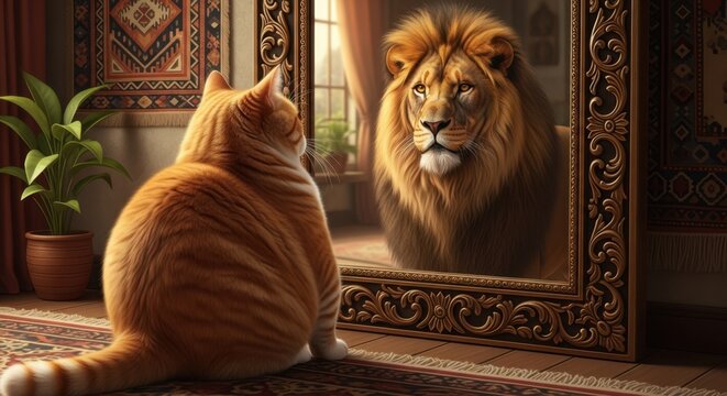 Ginger cat looking in mirror and seeing reflection of a lion representing confidence