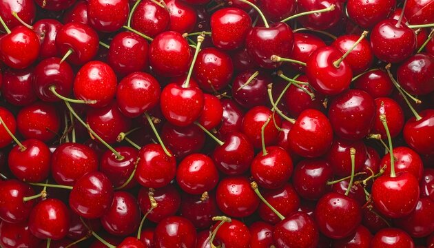 Fondo de cerezas rojas frescas con tallos verdes en composici&oacute;n uniforme
