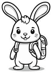 Fototapeta premium Cute cartoon rabbit with backpack ready for school, black and white illustration