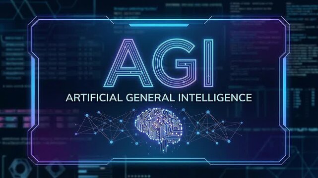 AGI artificial general intelligence concept glowing digital brain futuristic interface cyber technology neon gradient typography innovation data visualization virtual screen high tech blue background