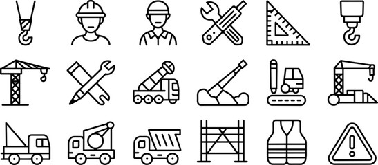 Construction engineering icons, safety gear vector, industrial tools clipart, heavy machinery illustration, building site symbols, contractor equipment design, occupational roles artwork © Monjurul Creatives