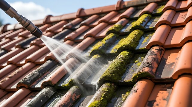 A close-up view of a pressure washer cleaning a mossy and dirty roof.