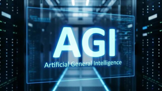 AGI in the Data Center: The image depicts the cutting-edge Artificial General Intelligence (AGI) concept, visualized within a high-tech data center environment.