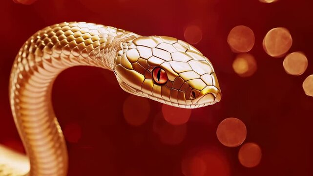 Golden snake moves slowly in focus against a red background with blurred lights all around it
