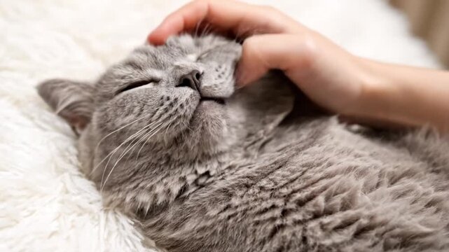 Gray Cat Relaxing with Owner&rsquo;s Hand Scratching Head