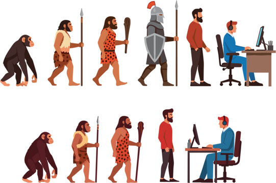 evolution vector illustration set showing progress from ape to caveman to knight and modern office worker sitting at desk