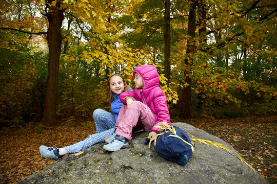 Two children sitting on a rock in the forest during autumn