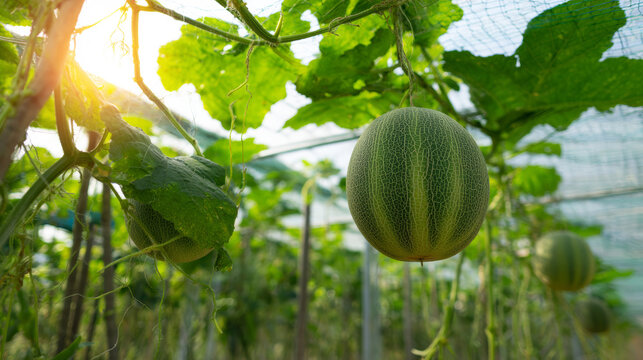 Ripe green melons hanging from lush vines, cultivating fresh fruit with sustainable agriculture methods under protective netting