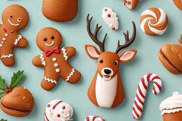 Fototapeta premium Christmas themed background with gingerbread cookies, reindeer, and candy canes for festive stock photography